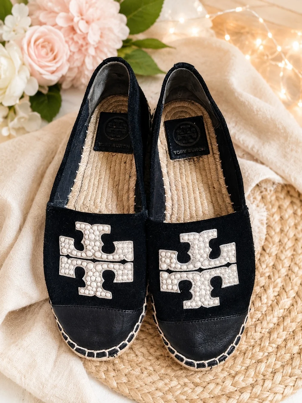 Tory Burch Black Espadrille Flats with Pearl Logo